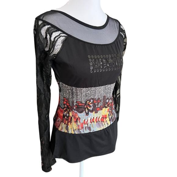 Save the Queen Mesh Lace Corset Style Top Y2K Gothic Sheer Long Sleeve - Picture 3 of 6